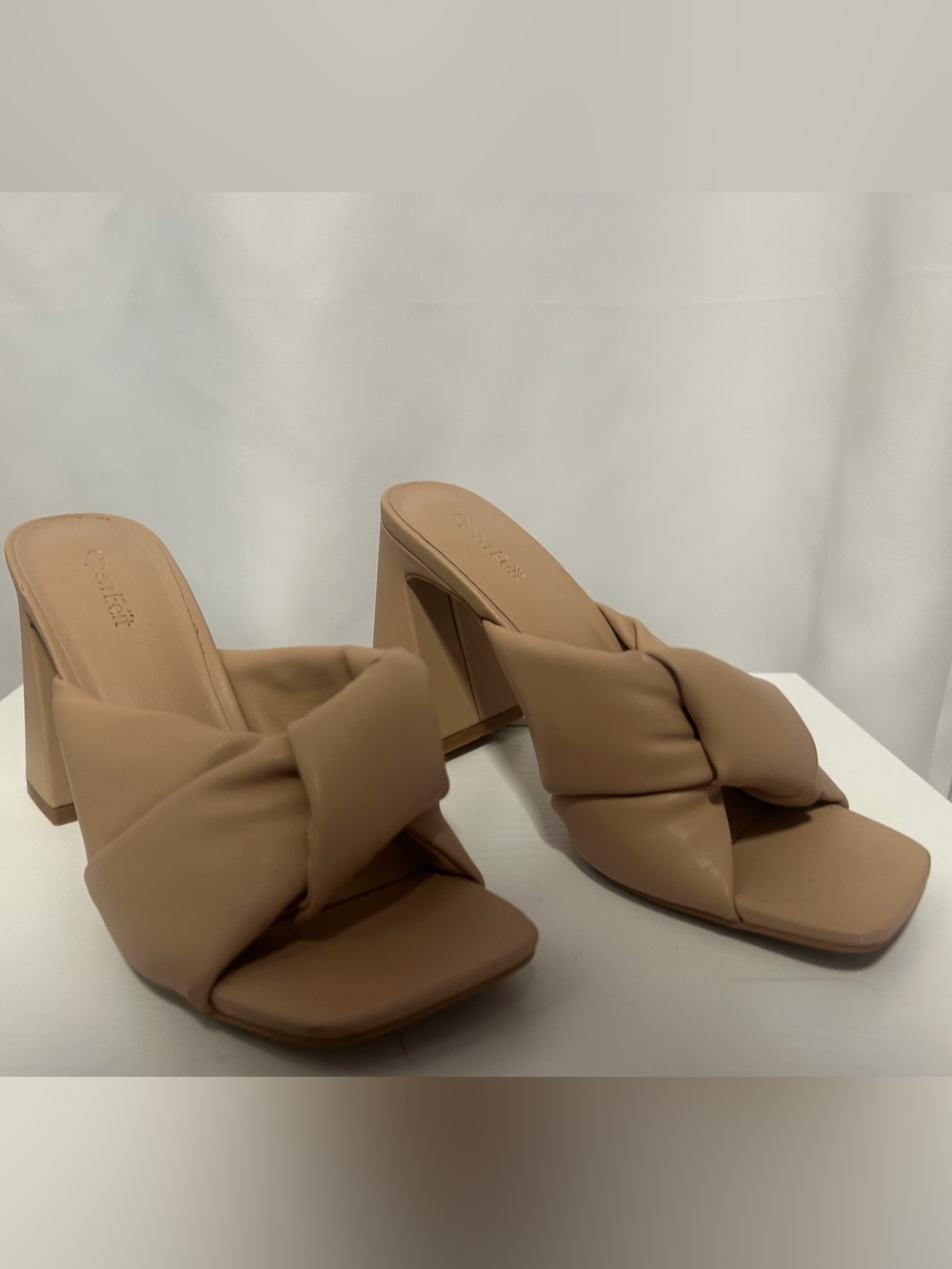 Knot-Front Block Heel Mules in Beige